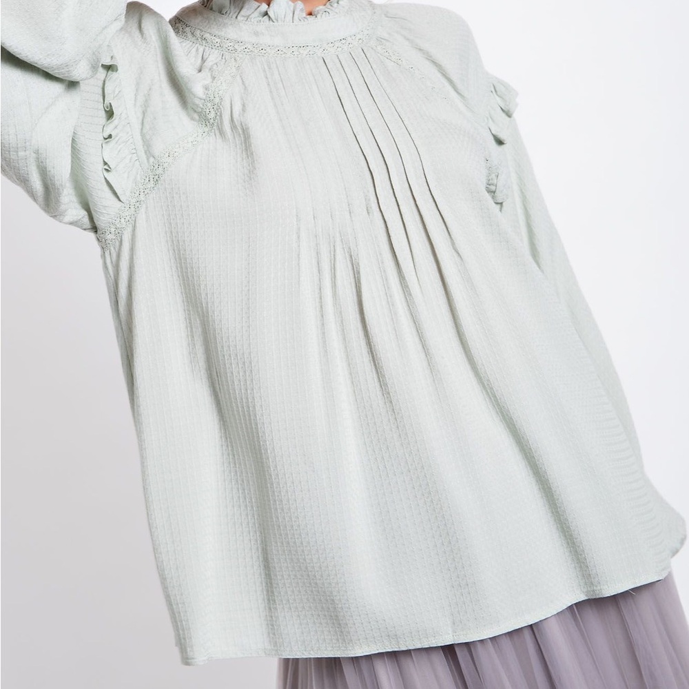 NWT EASEL Bohemian Pale Sage Ruffled Long Sleeve Top S M L - Picture 3 of 4